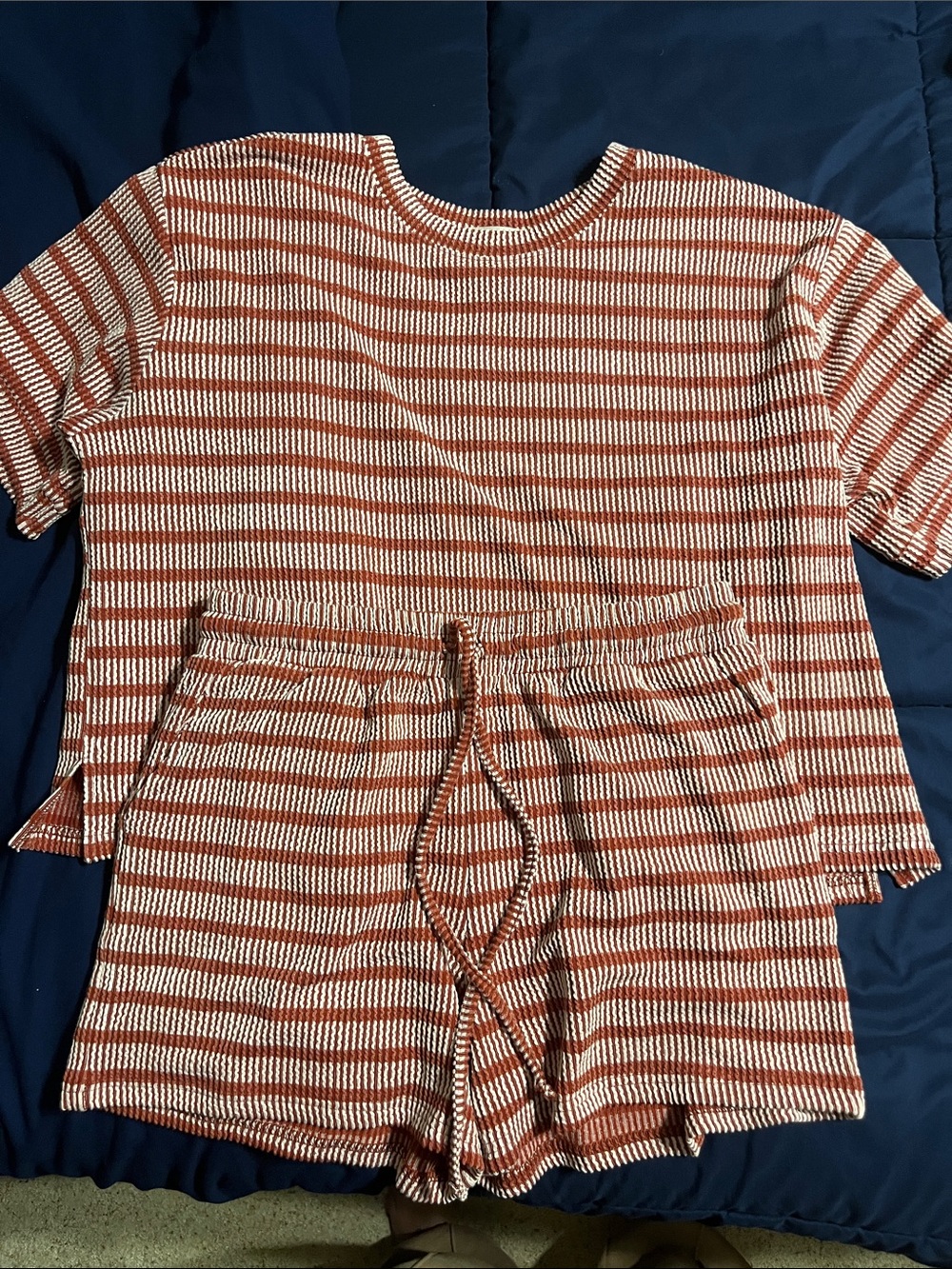 Zenana Striped Knit Drawstring Shorts - Maroon & Cream